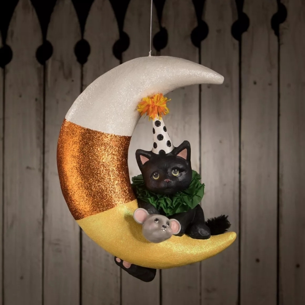 Bethany Lowe XL Party Kitty on Candy Corn Moon Large Ornament 15.75"